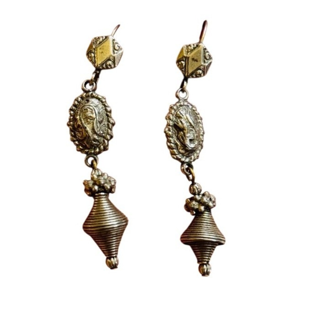 VTG Art‎ Nouveau Earrings Silver tone Pierced Victorian Style dangle retro 2.5"